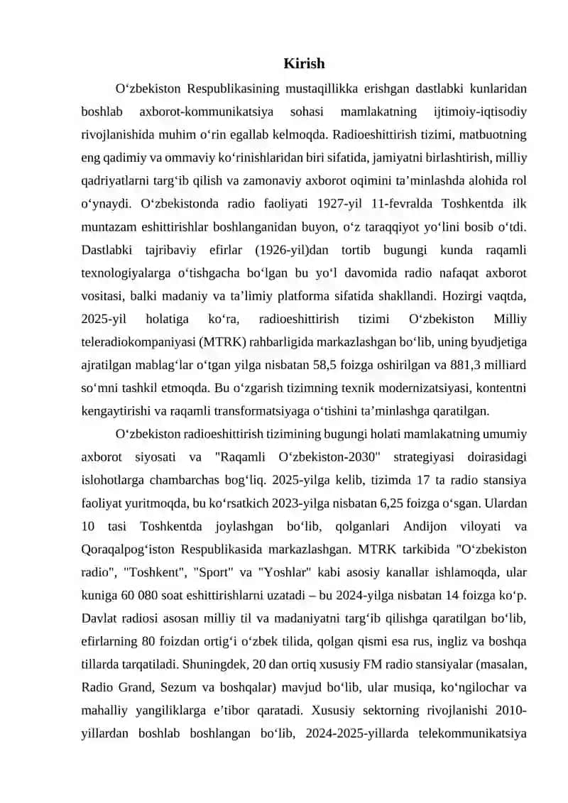 Oʼzbekiston respublikasida radioeshittirish tizimining bugungi kundagi holati 3