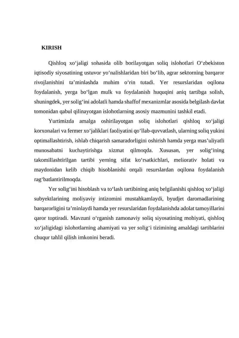 QISHLOQ XO‘JALIGIDA SOLIQ SOHASIDAGI ISLOHOTLAR, YER SOLIG‘INI HISOBLASH VA TO‘LASH TARTIBI 3