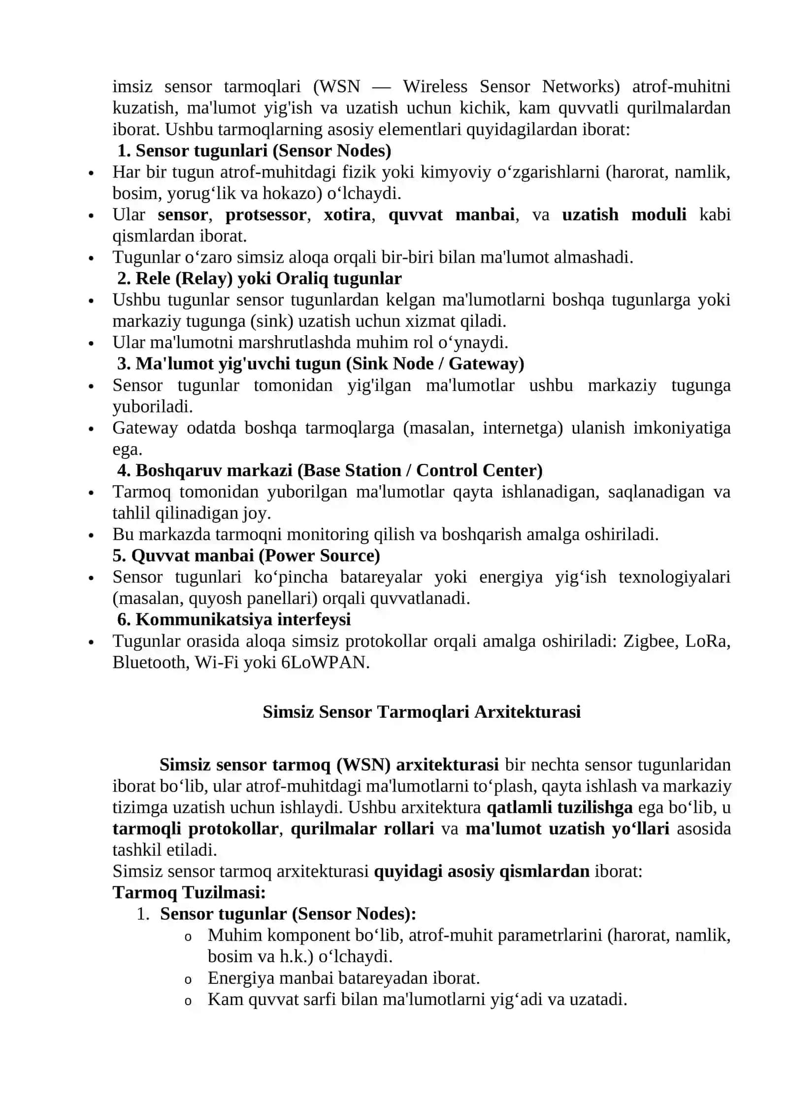 Simsiz sensor tarmoqlarning arxitekturasi,elementlari va ularning vazifalari 3