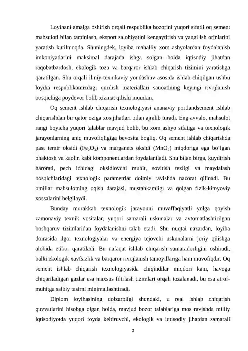 Oq sement ishlab chiqarish sexini loyihalash mahsuldorlik 425 ming tonna 3