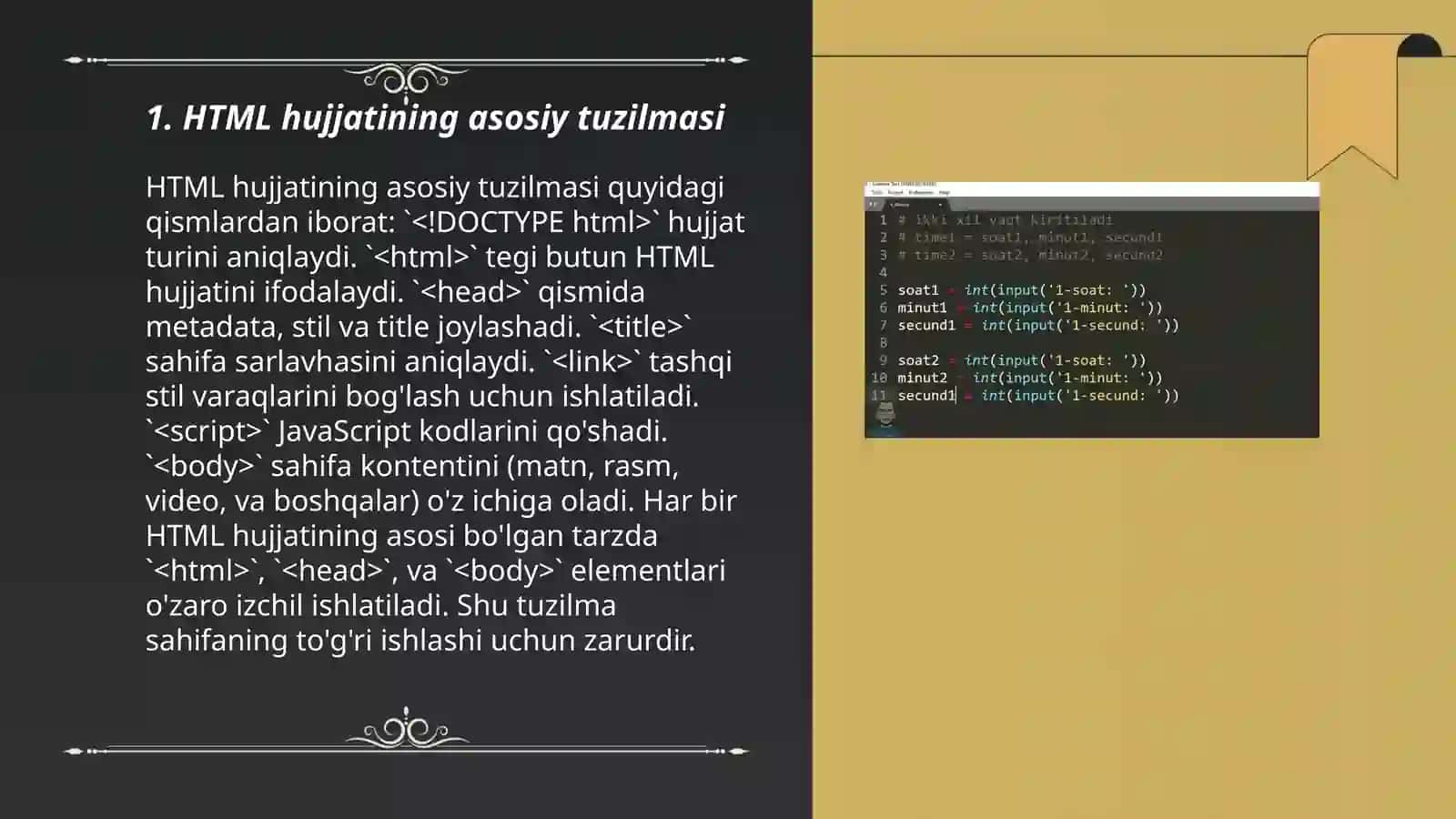 HTML gipermatnlarni belgilash tili Web sahifaning asosiy tuzilmasi 3