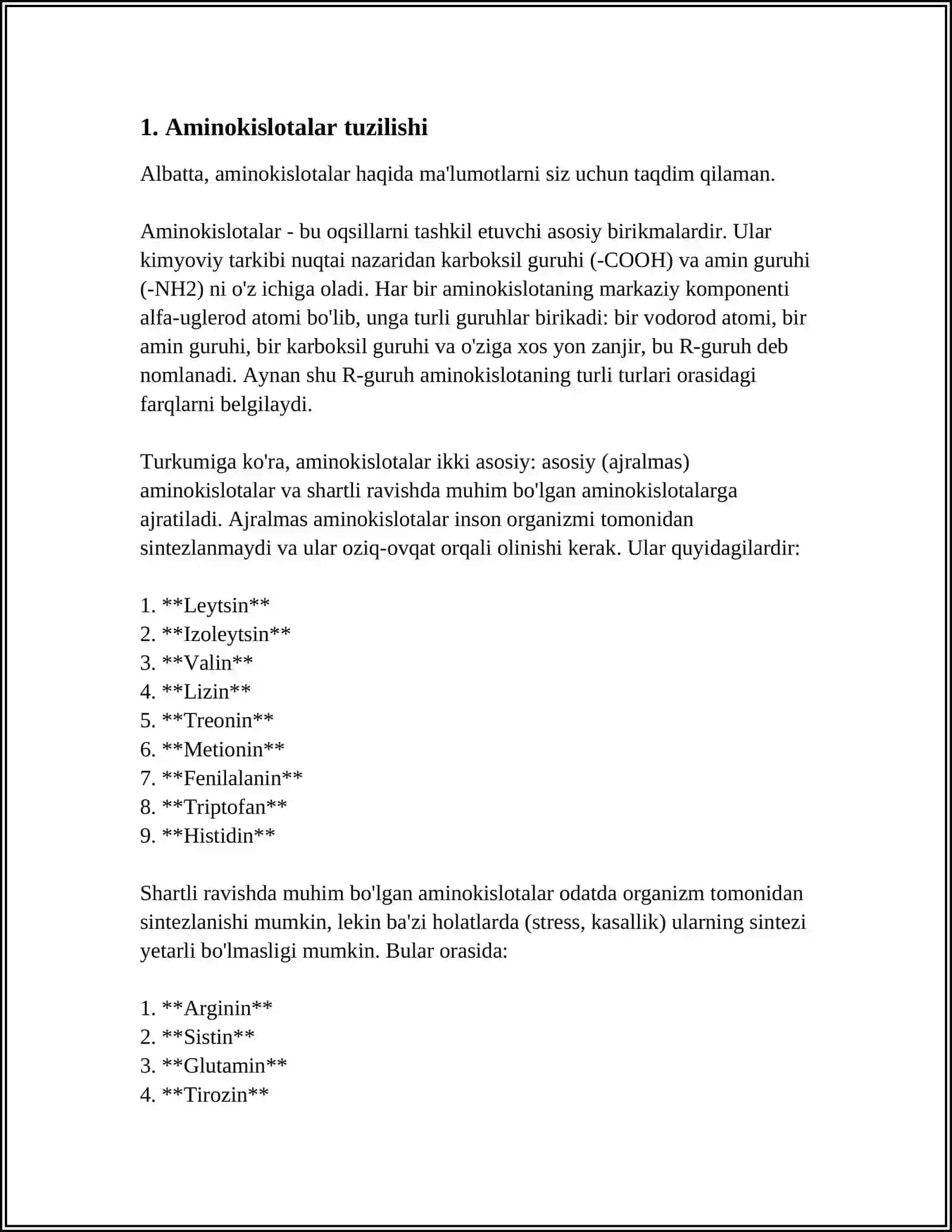 AMINOKISLOTALAR TUZILISHI XOSSALARI VA BIOLOGIK XOSSALARI 3