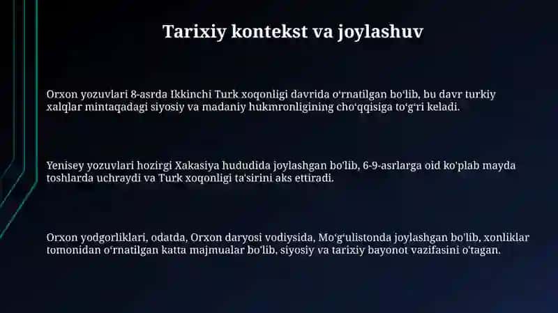 Oʻrxun-Enasoy yozuvi bitiktoshlarining har biri ustida kuzatish olib borish; transkripsiyasi 3