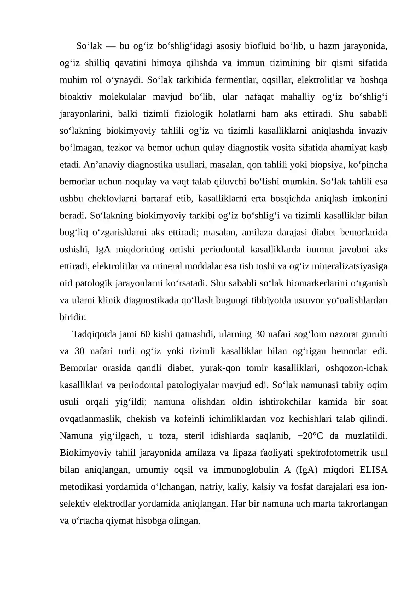 SO‘LAKNING BIOKIMYOVIY TAHLILI: OG‘IZ BO‘SHLIG‘I VA TIZIMLI KASALLIKLAR DIAGNOSTIKASIDA YANGI BOSQICH 3