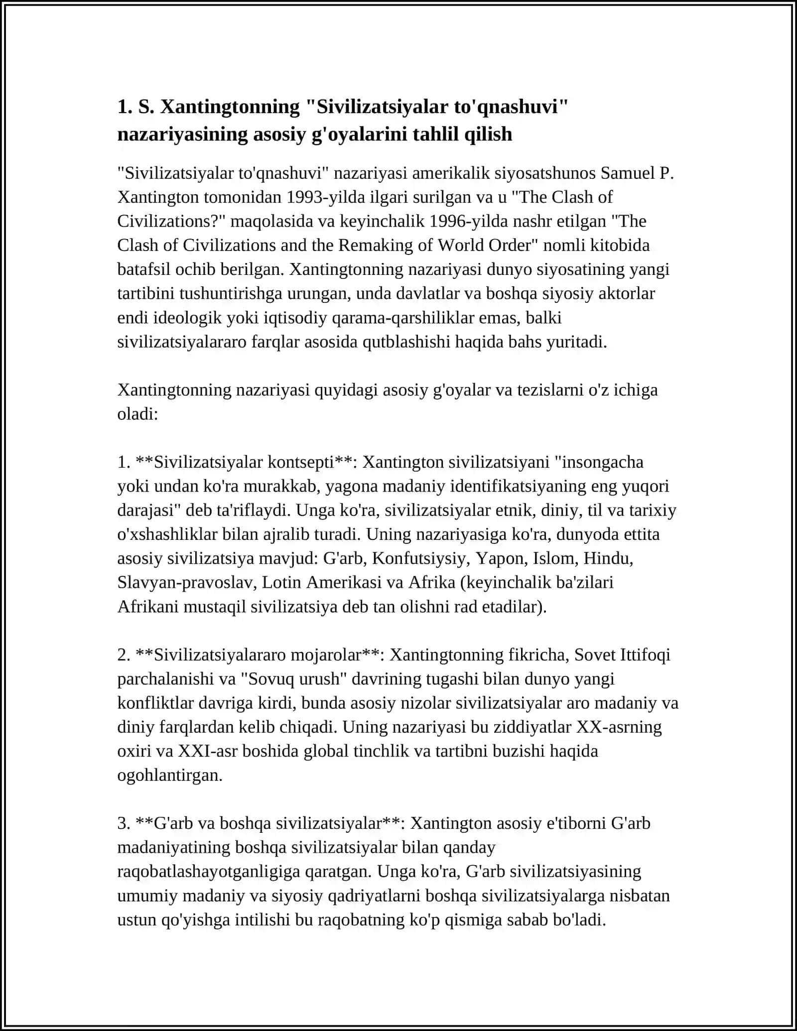 S.XANTINGTONNING "SIVILIZATSIYALAR TO'QNASHUVI" ASARINI O'QISH VA MOHIYATI BO'YICHA ESSE TAYYORLASH 3