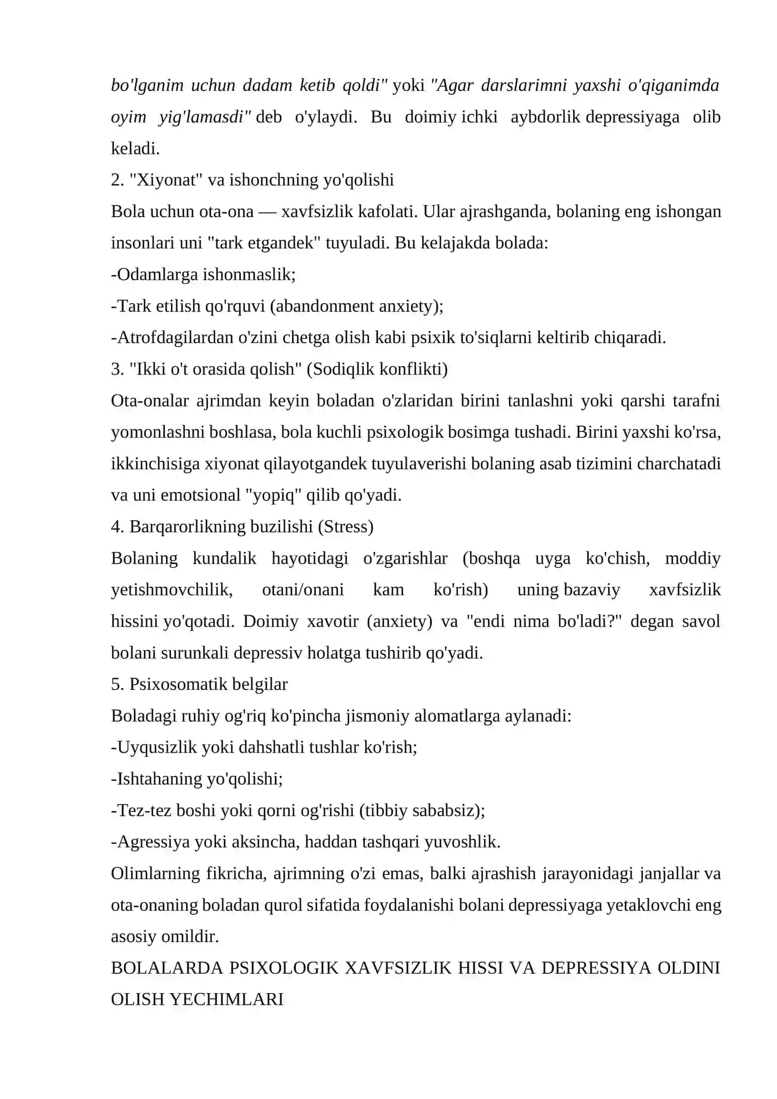 Oilaviy ajrimlarning bolalarda psixologik xavfsizlik hissiga ta’siri va Depressionshakllanishining psixologik sabablarini o‘rganish 3