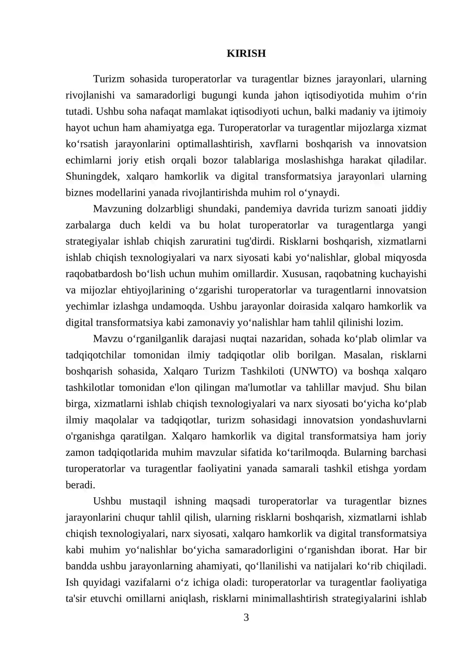 Mavzu: Turoperator va turagentlarning biznes jarayonlarini 5 bandda chuqur tahlil qiling 3