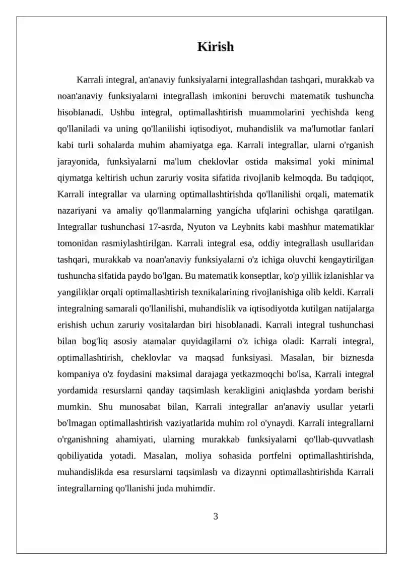 MAVZU: KARRALI INTEGRALNING OPTIMALLASHTIRISH MASALALARIDAGI TATBIQLARI 3