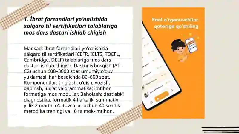 İbrat farzandlari yoʻnalishida chet tillarni oʻrgatish yoshlarni til sertifikatlarini kengaytirish 3