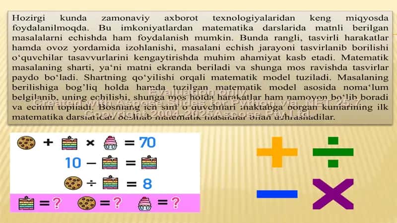 Sodda va murakkab masalalarni yechishni o‘rgatishda axborot texnologiyalaridan foydalanishni o‘rgatish (taqdimot ishi) 3
