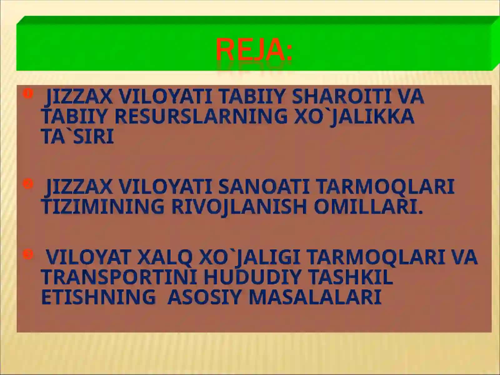 JIZZAX VILOYATI TABIIY SHAROITI VA TABIIY RESURSLARNING XO`JALIKKA TA`SIRI 3