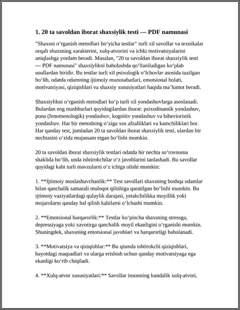 SHAXSNI OʻRGANISH METODLARI BOʻYICHA TEST 20TA PDF SHAKLIDA 3