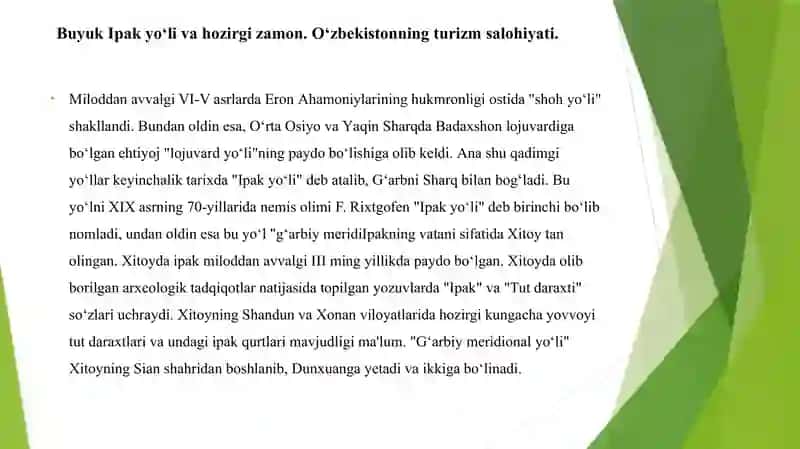 buyuk ipak yo'li shakilanishi tarixi.Buyuk ipak yo'lining davlatlararo hamkorlik va turizmni rivojlantilishdagi ahamiyati. 3