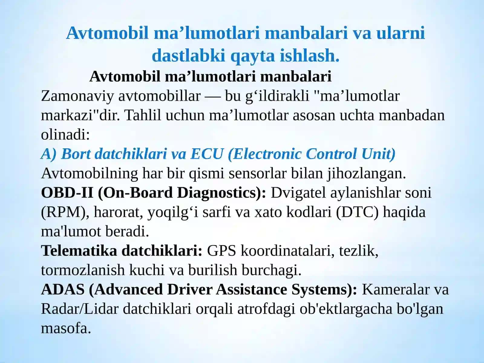 Avtomobil ma’lumotlarining tahlil qilish, baxtsiz hodisalarni bashorat qilish va texnik xizmat ko‘rsatish 3