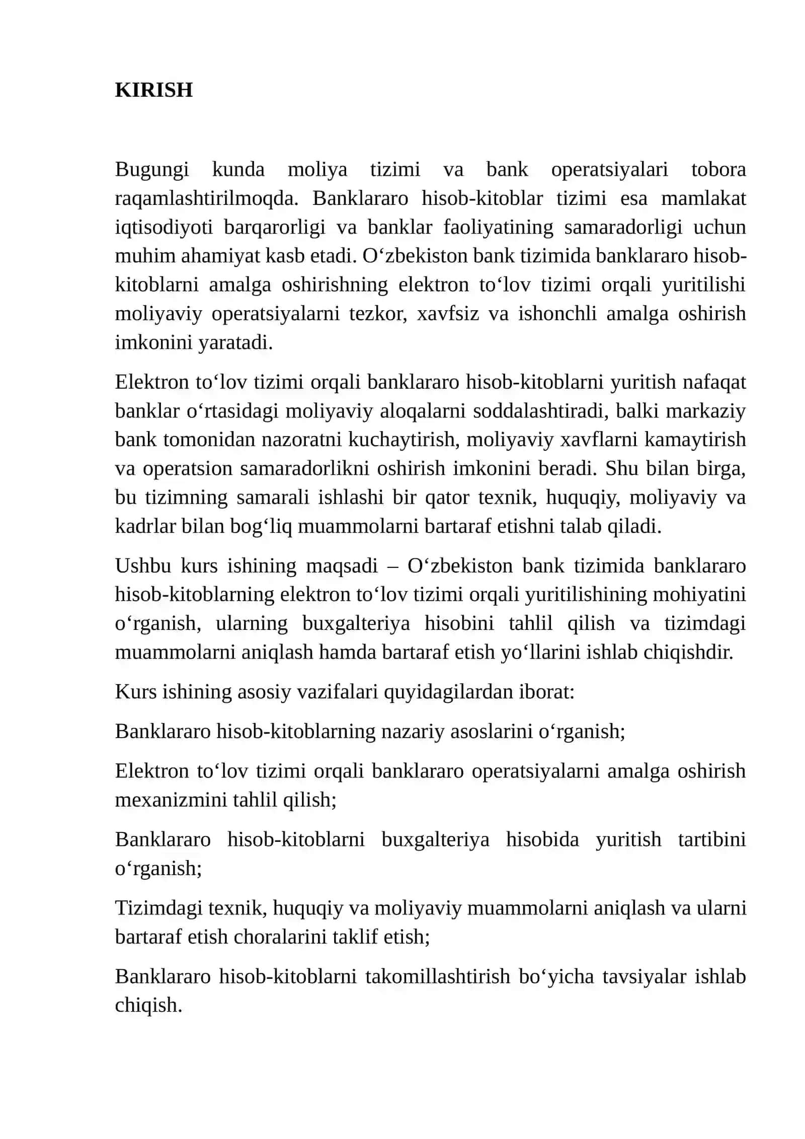 O'ZBEKISTON BANK TIZIMIDA BANKLARARO HISOB KITOBLARNING ELEKTRON TO'LOV TIZIMI ORQALI YURITILISHI VA ULARNING HISOBI 3