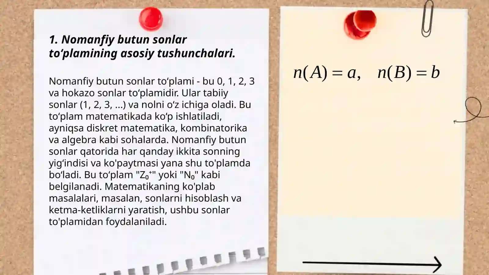 Nomanfiy butun sonlar toʻplamini aksimotik asosda qurish. Matematik induksiya metodi. Nomanfiy butun sonlarni qoʻshish va koʻpaytirishning aksimotik taʼriflari. Qoʻshish va koʻpaytirish qonunlari 3
