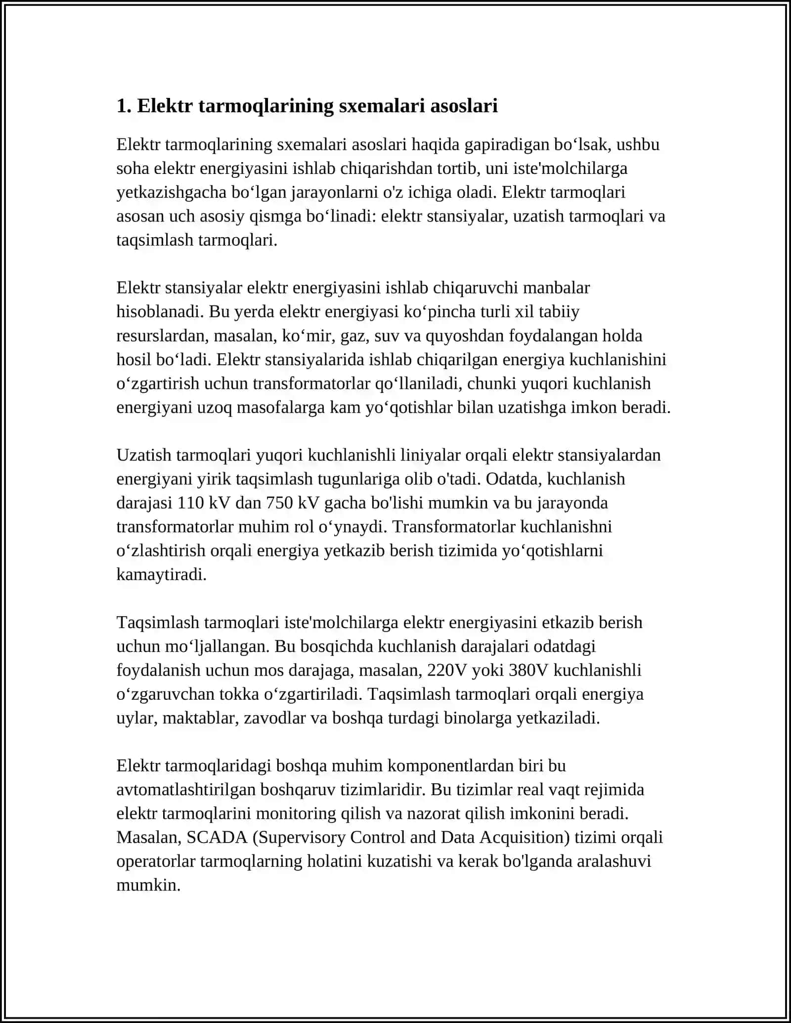 ELEKTR TARMOQLARINING SXEMALARI VA ELEKTR TA’MINOTIDA ISHONCHLILIK 3