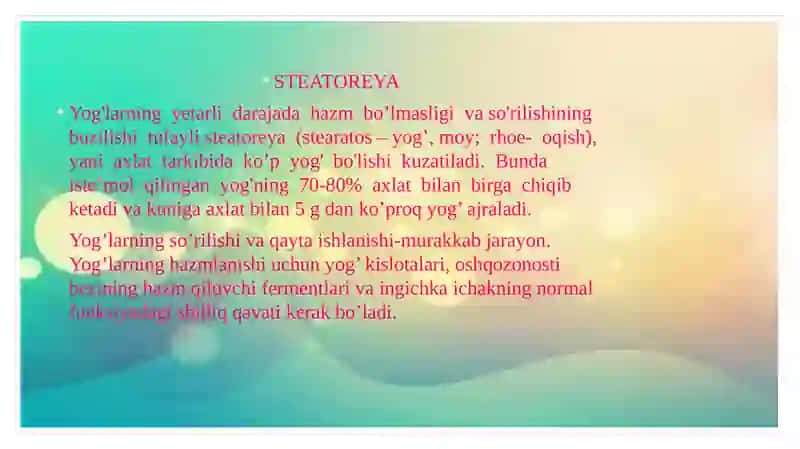 SURUNKALI GEPATITLARXOLESISTITLARDA  YOG’LAR HAZMLANISHI BUZILISHI (STEATOREYA) 3