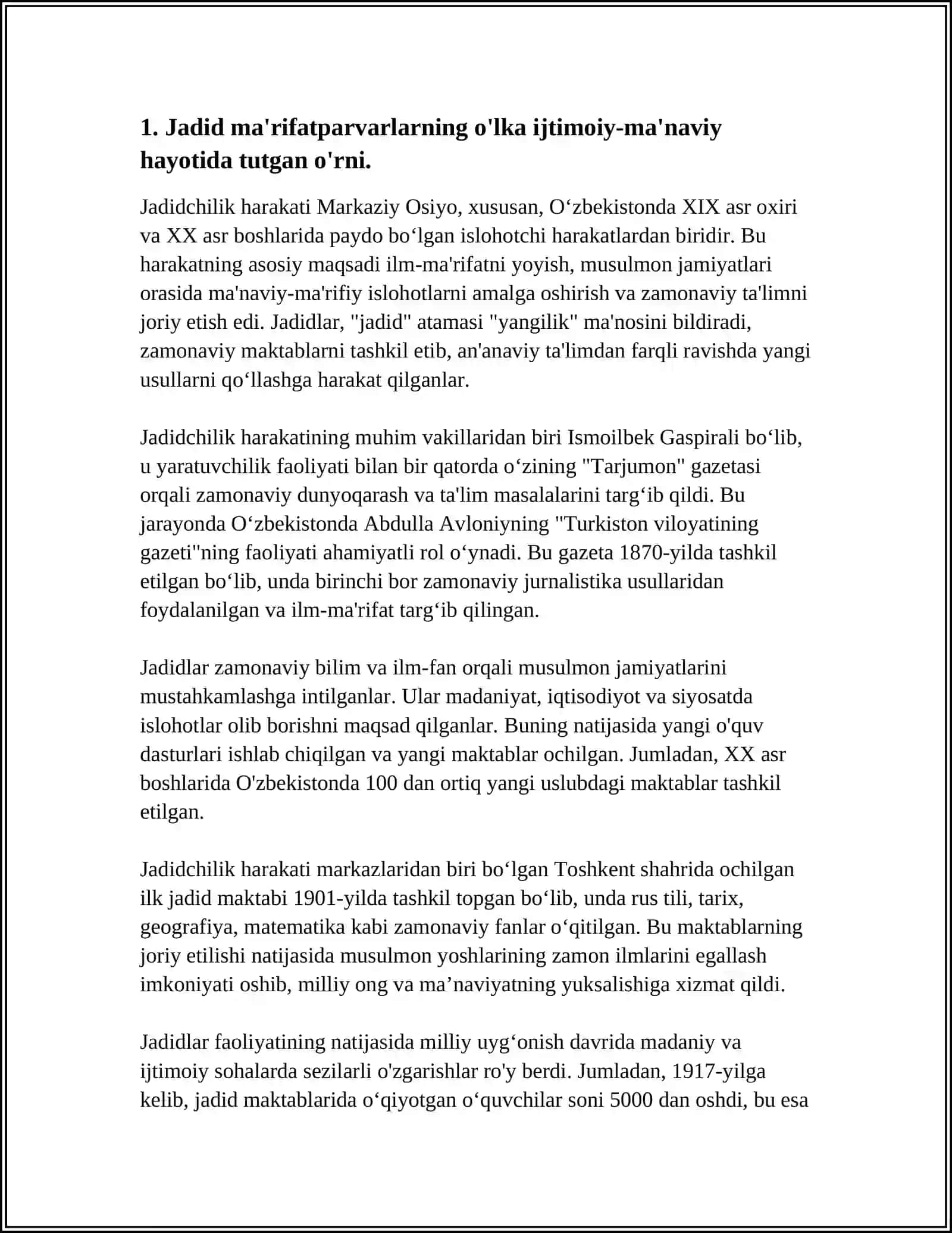 JADID MA'RIFATPARVARLARNING O'LKA IJTIMOIY-MA'NAVIY HAYOTIDA TUTGAN O'RNI(MUNAVVAR QORI, FITRAT, BEHBUDIY, AVLONIY VA BOSHQ) 3