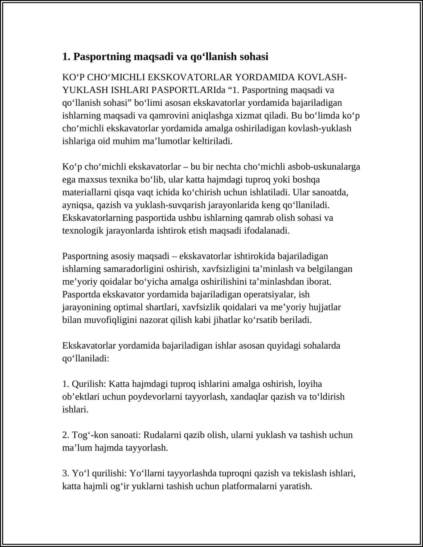 KOʻP CHOʻMICHLI EKSKOVATORLAR YORDAMIDA KOVLASH YUKLASH ISHLARI PASPORTLARI 3