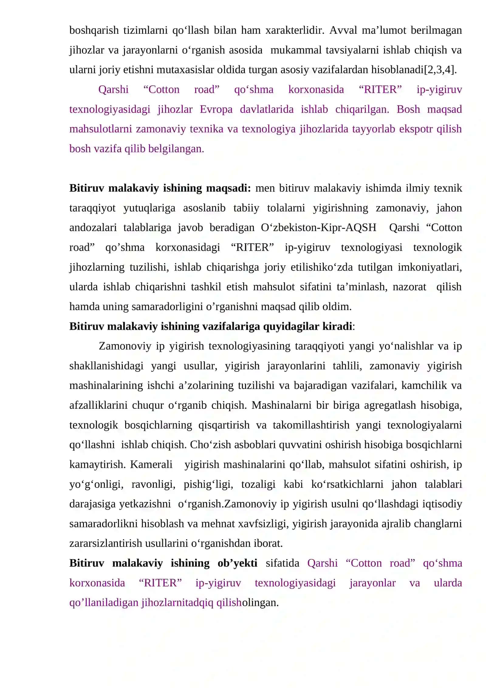 Qarshi “Cotton road” qo’shma korxonasida“RITER” ip-yigiruv texnologiyasini o’rganish 3