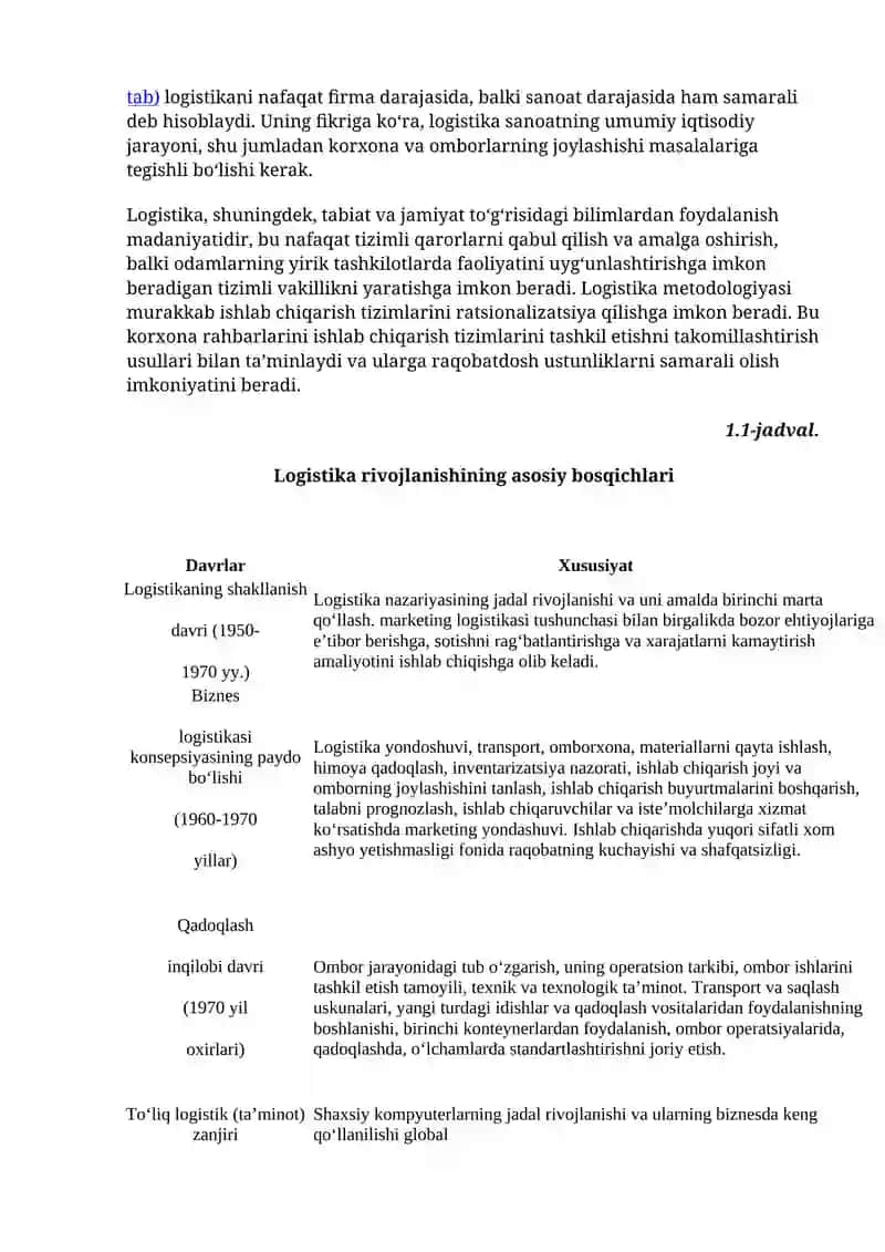 LOGISTIKA FANINING MOHIYATI, MAQSADI VAZIFALARI. LOGISTIKA TIZIMINING ZAMONAVIY KONTSEPTSIYASI 3