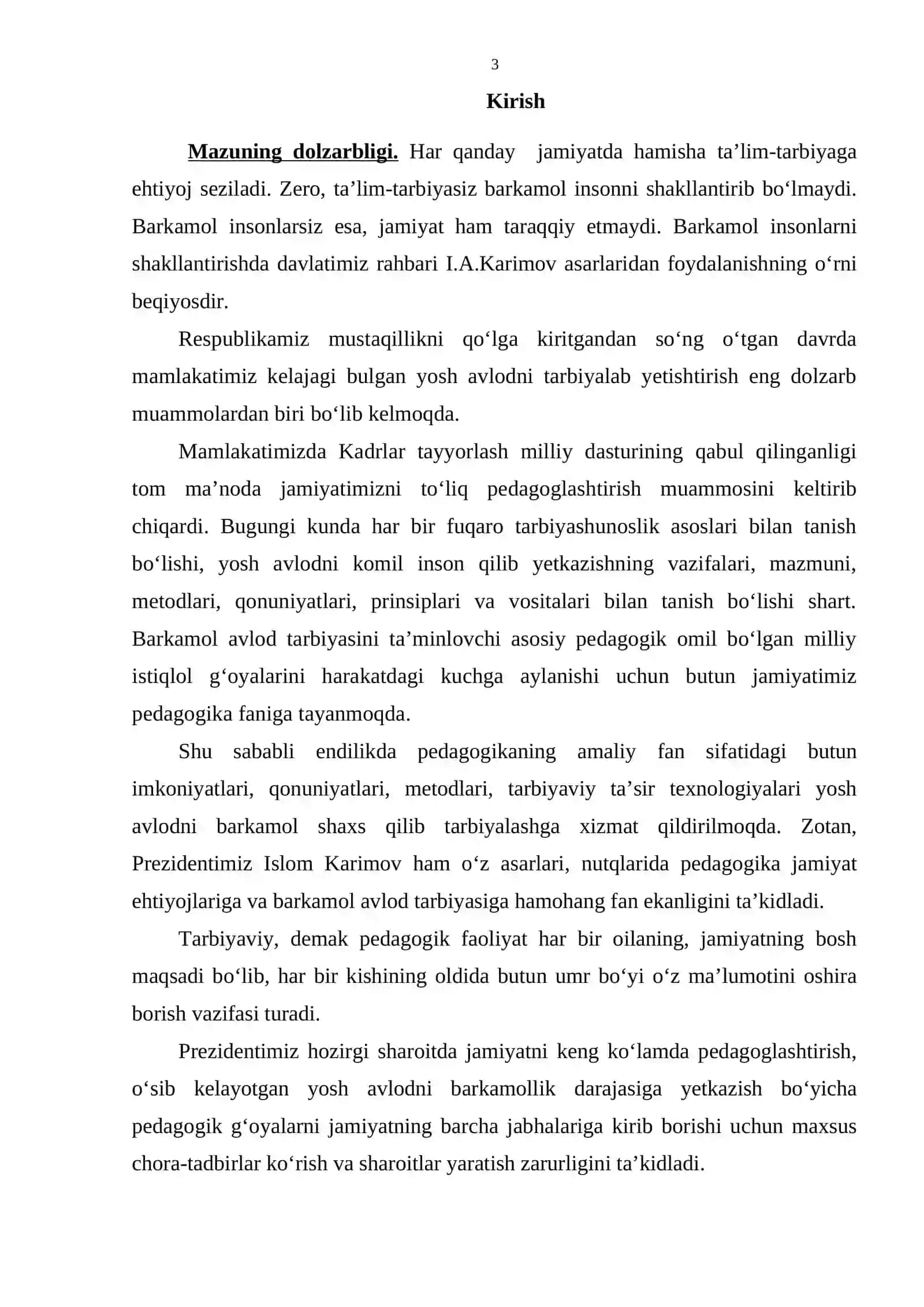 «PREZIDENT ISLOM KARIMOV ASARLARI – BARKAMOL AVLOD TARBIYASINING NAZARIY ASOSI SIFATIDA (BOSHLANG‘ICH SINF O‘QITUVCHILARINI TAYYORLASH TIZIMI MISOLIDA.) (Qarshi shahridagi 39 – umumiy o‘rta ta’lim maktabi misolida) » 3