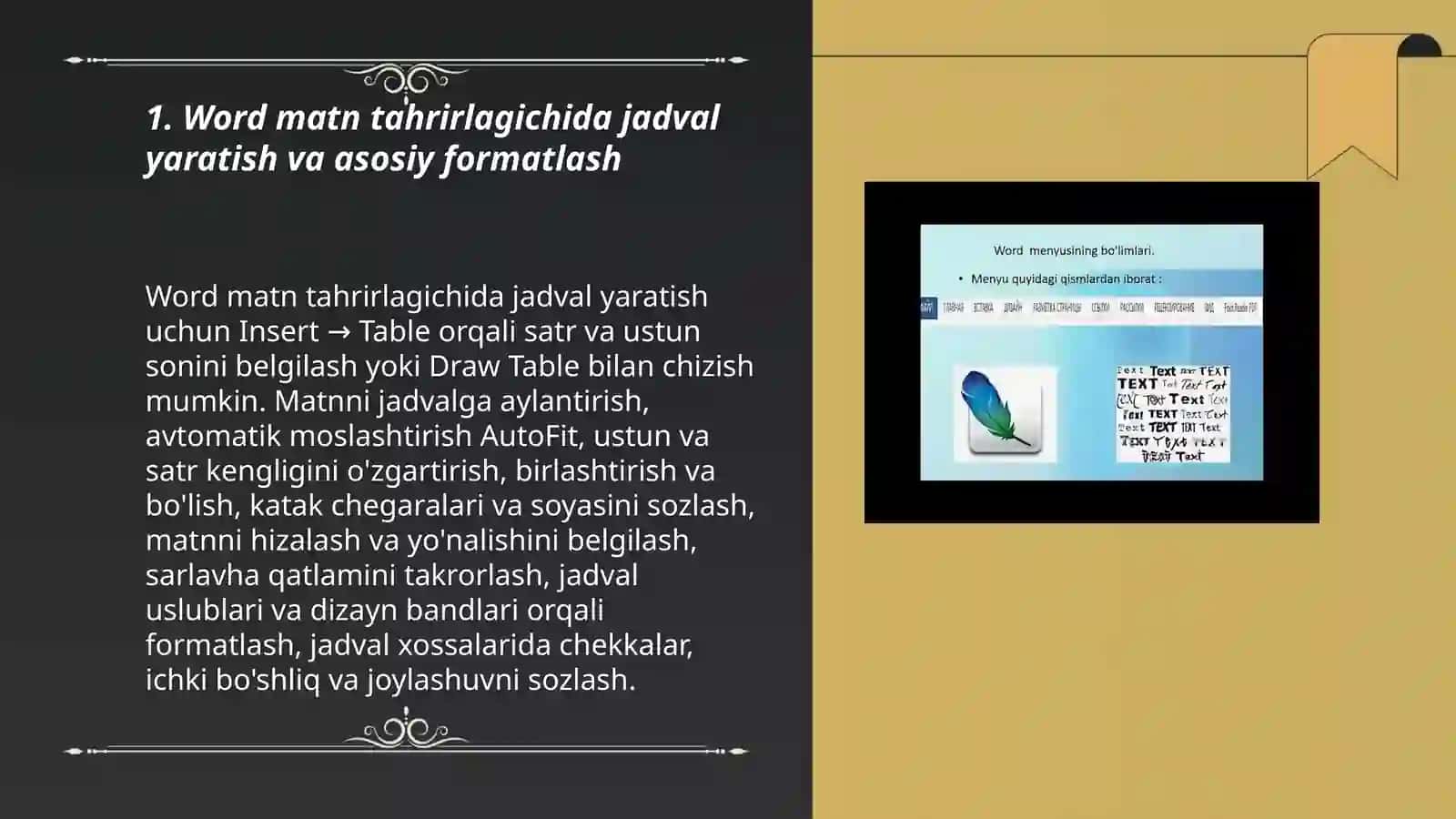 Word matn taxrrirlagichida jadval, rasm, formula, matnlar sturukturasi bilan ishlash 3