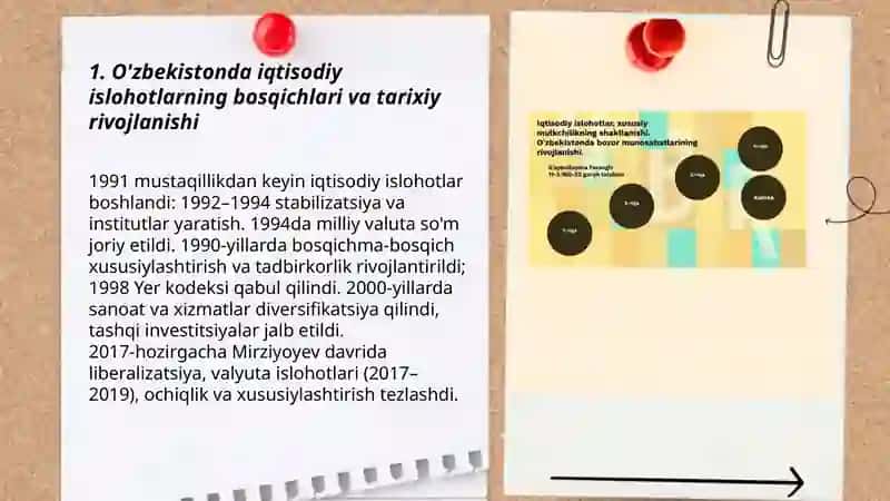 Iqtisodiy islohotlar,xususiy mulkchilikning shakllanishi. O'zbekistonda bozor munosabatlarining rivojlanishi 3