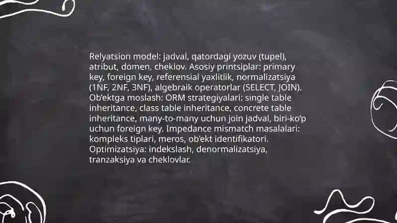 Ob’ektning relyatsion, iyerarxik va semantik modellar asosida ishlab chiqish va bir-biri bilan taqqoslash 3