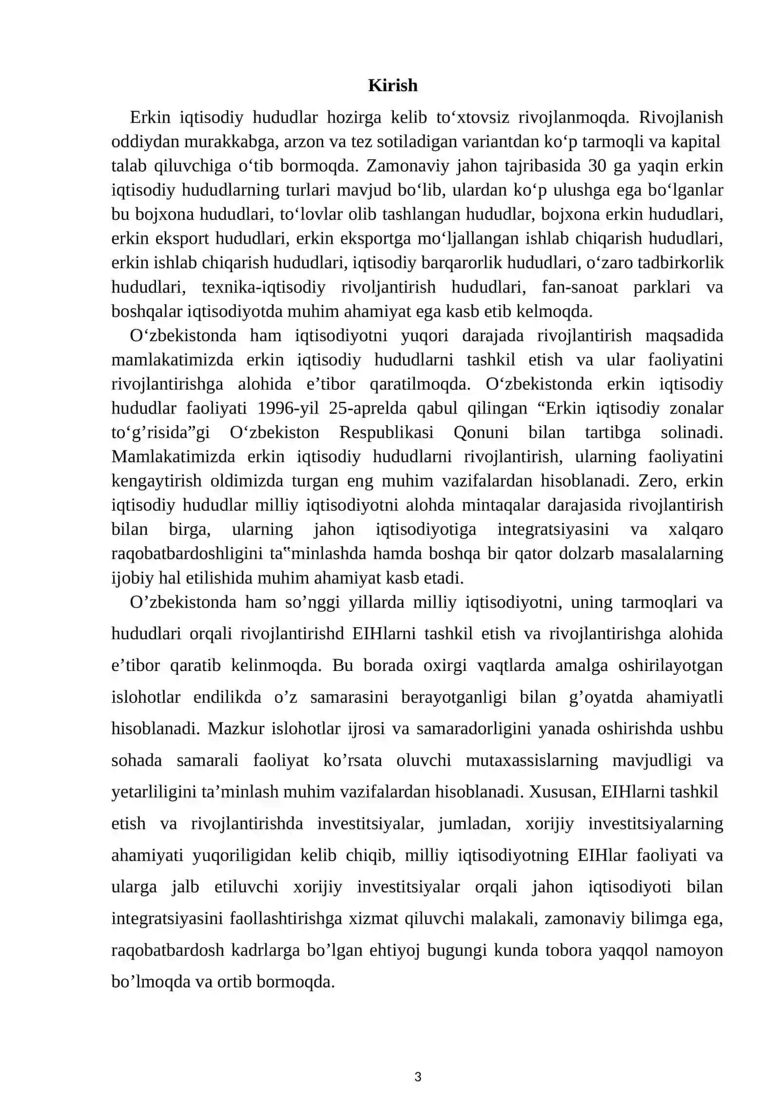 O‘zbekiston iqtisodiyotining rivojlanishida erkin iqtisodiy zonalarning iqtisodiy ahamiyati 3