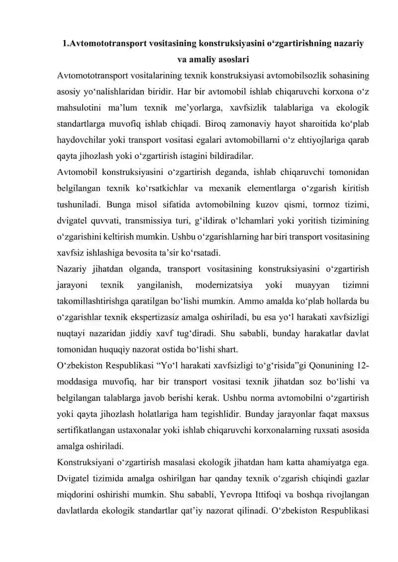 Avtomototransport vositasi konstruksiyasini o‘zgartirishning huquqiy jihatlari. Harakat xavfsizligi bo‘yicha o‘quv va targ‘ibot ishlarining ahamiyati 3