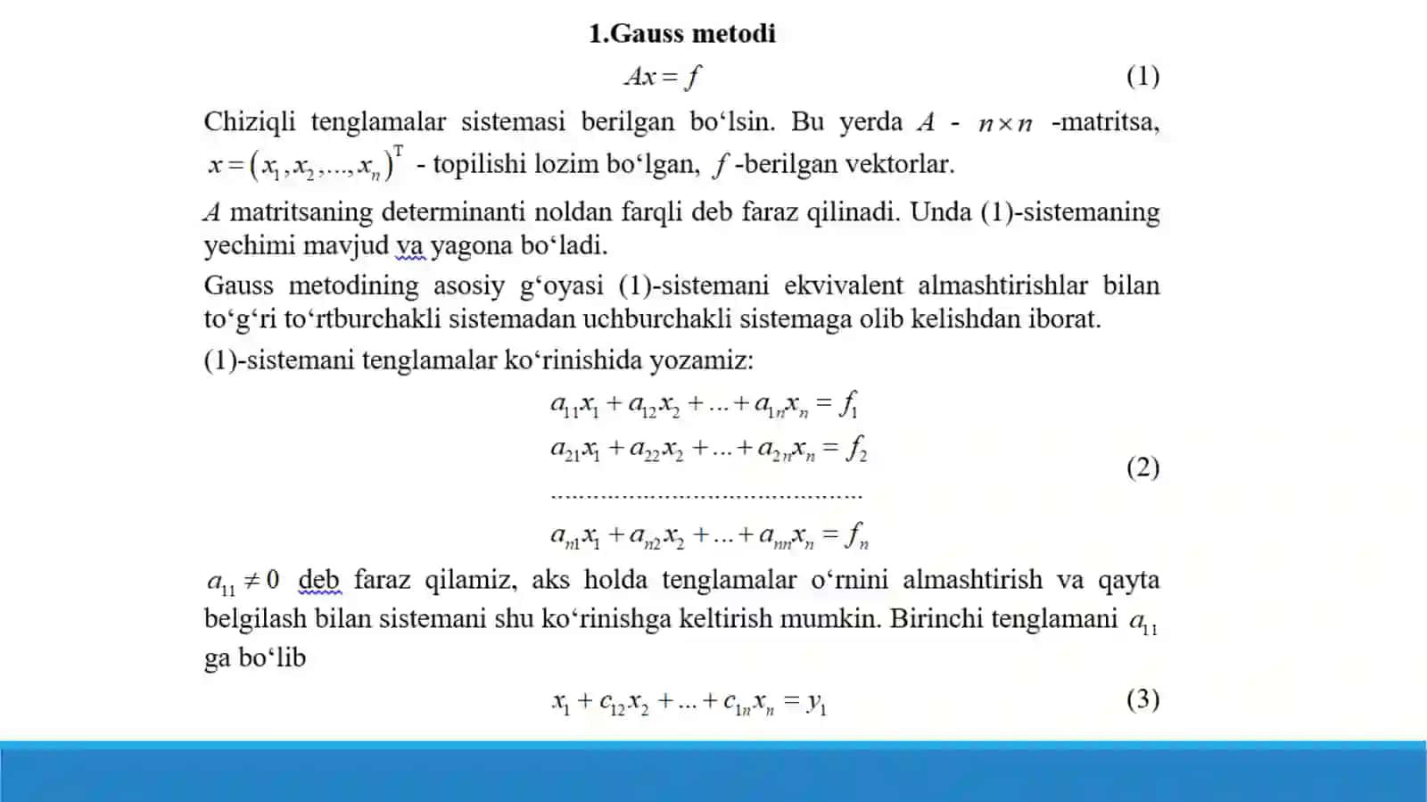 Chiziqli algebraik tenglamalar sistemasini yechishning aniq metodlari 3