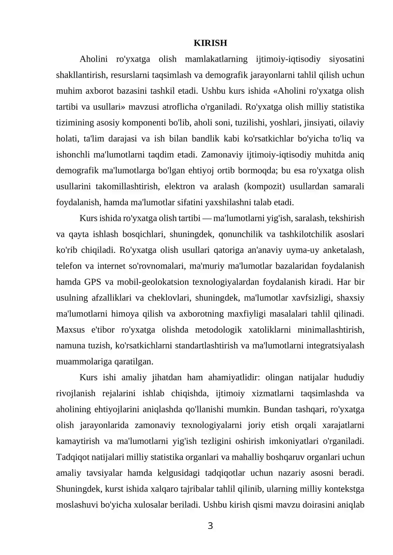 AHOLINI RO'YXATGA OLISH TARTIBI VA USULLARI” MAVZUSIDAGI KURS ISHI 3
