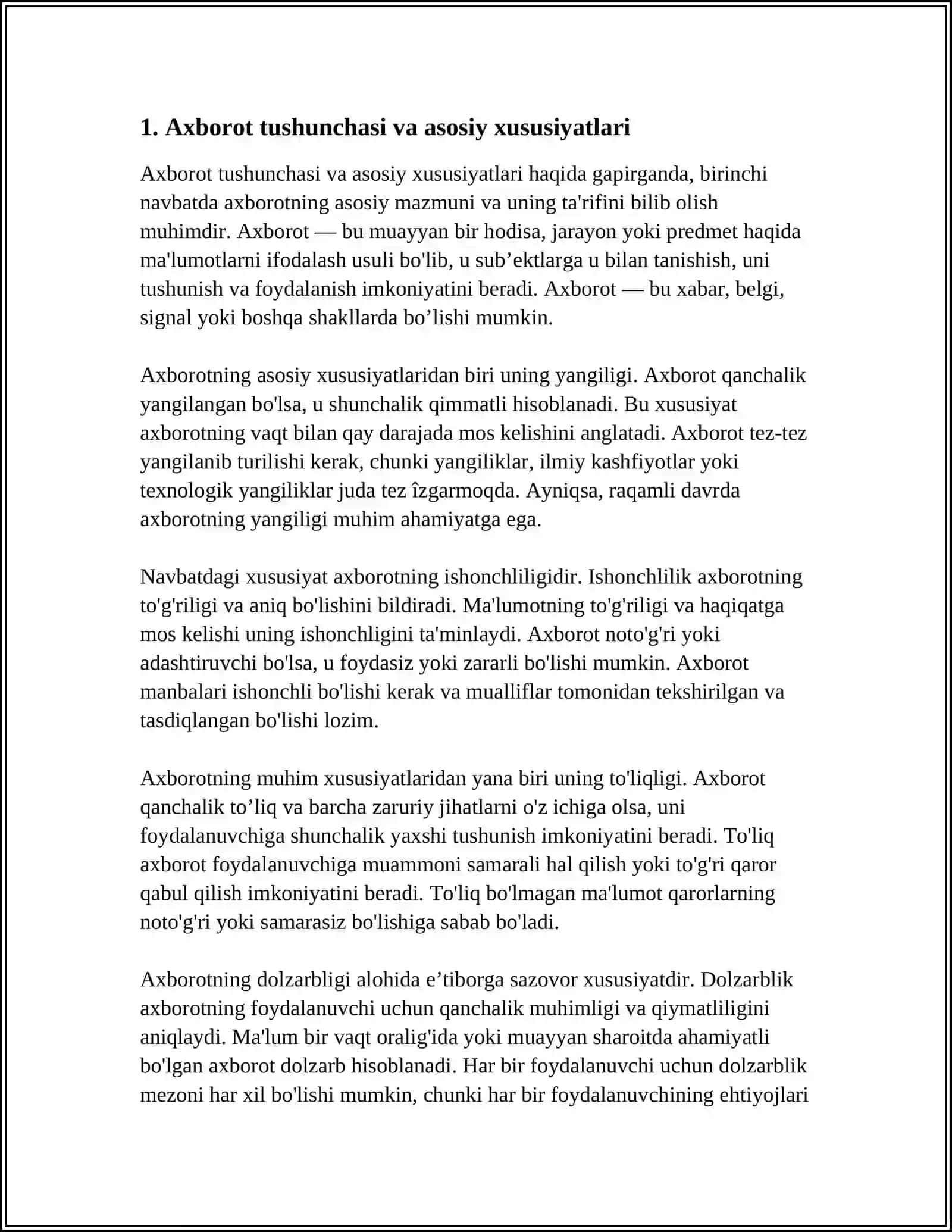 AXBOROTLARNING ASOSIY XUSUSIYATLARI VA TAVSIFNOMASI 3