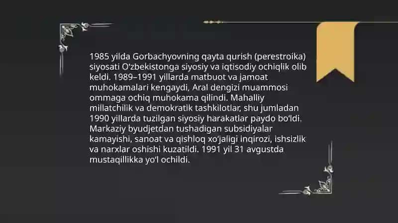 Qayta qurish yillarida"Oʻzbekistondagi ijtimoiy siyosiy vaziyat 3