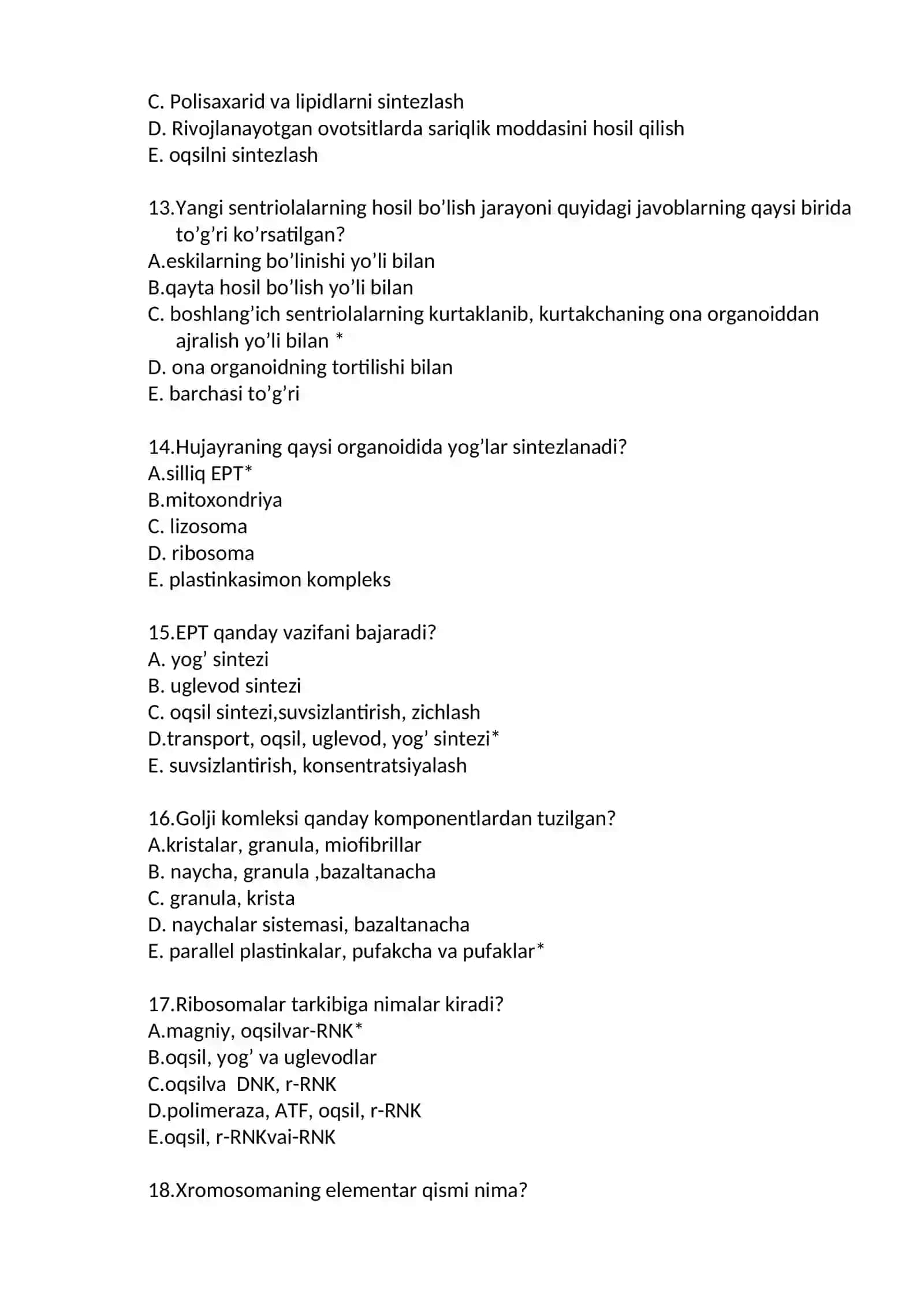 Biologiya savollari to'plami 3