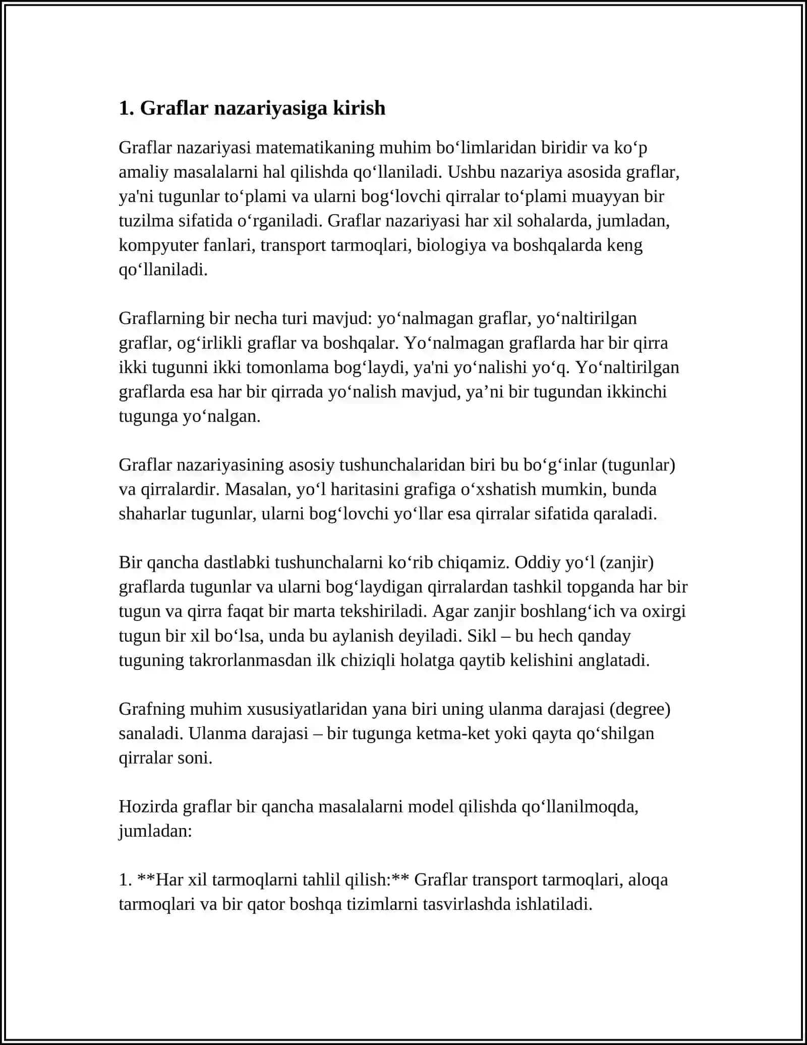 GRAFLAR NAZARIYASI ASOSLARI: GRAFLAR TURLARI, UCHLAR, QIRRALAR, YOYLAR, DARAXTLAR. GRAFLARGA HAYOTIY MISOLLAR 3