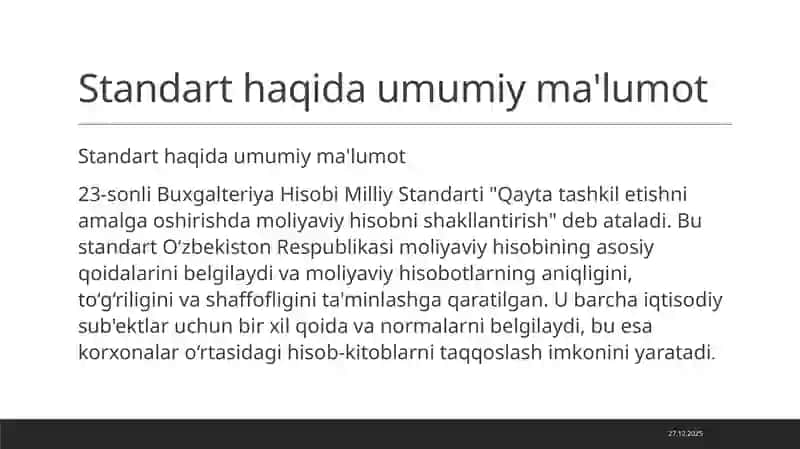 23-sonli Buxgalteriya Hisobi Milliy Standarti "Qayta tashkil etishni amalga oshirishda moliyaviy hisobni shakllantirish" 3