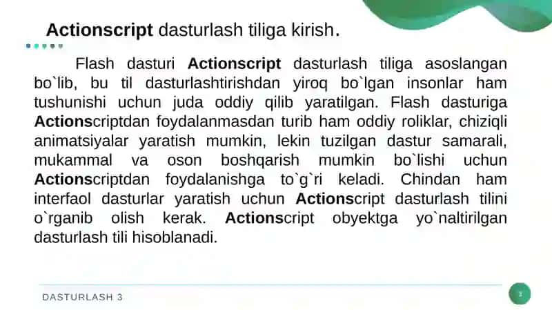 Actionscript dasturlash tilining imkoniyatlari haqida dastlabki ma'lumot va Actions paneli bilan ishlash 3