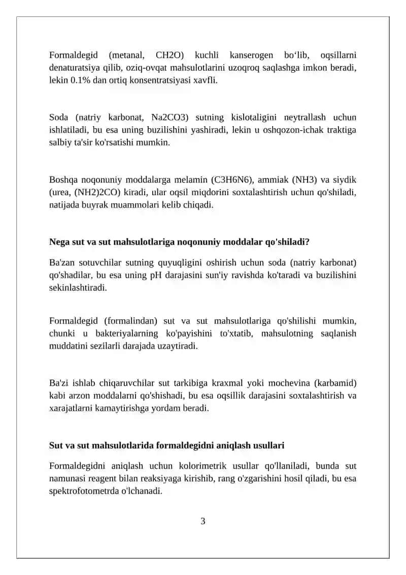 Sut va Sut Mahsulotlari Tarkibida Formalin, Soda yoki Boshqa Nolegal Moddalarni Aniqlash 3