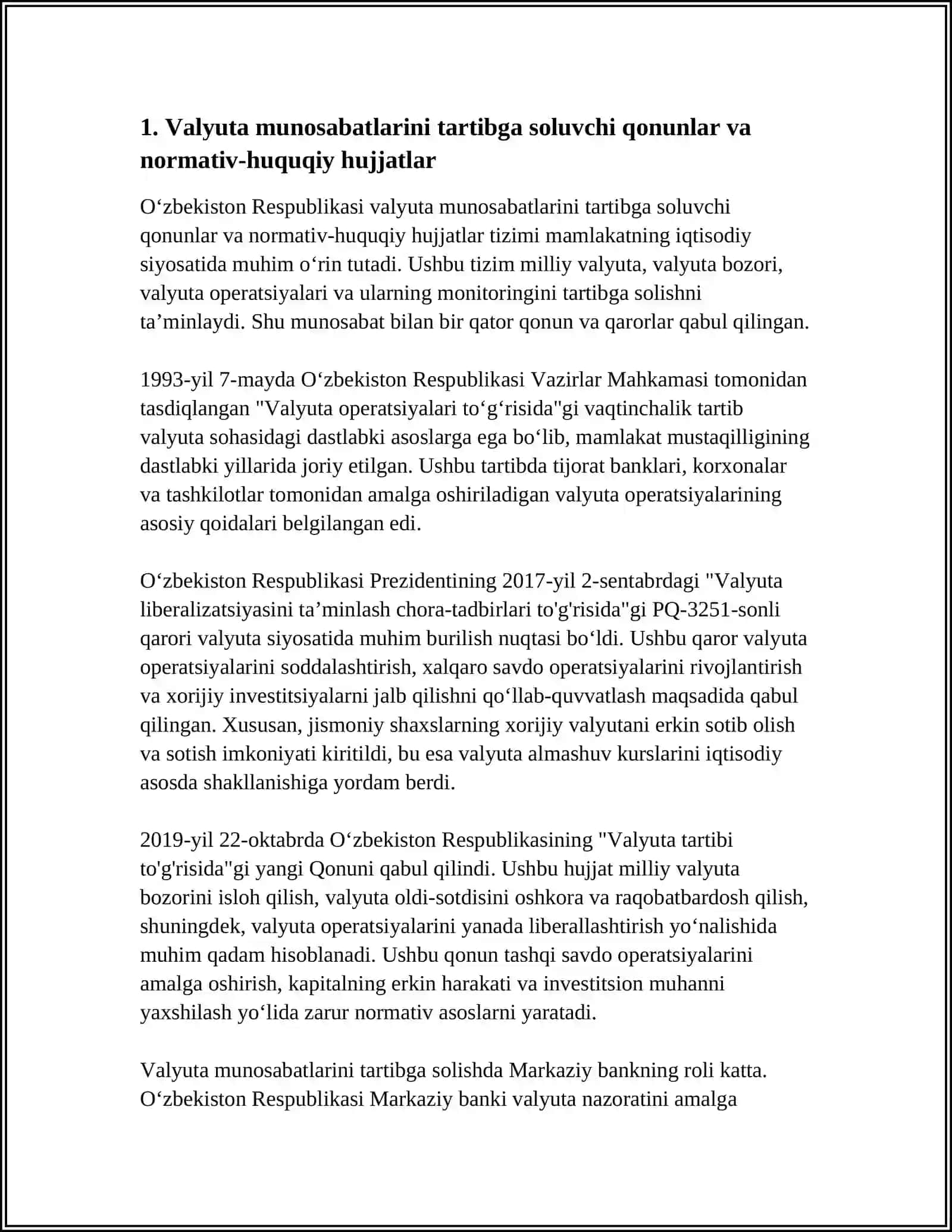 O'ZBEKISTON RESPUBLIKASI VALYUTA MUNOSABATLARINI TARTIBGA SOLISH 3