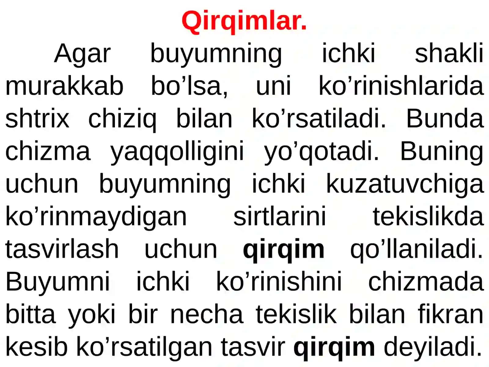 Detallarning aksonometrik proyeksiyalari. Qirqim va kesim. Ogʻma kesim va uning haqiqiy kattaligini yasash. Chizmalardagi shartliliklar va soddalashtirishlar. Murakkab qirqim 3