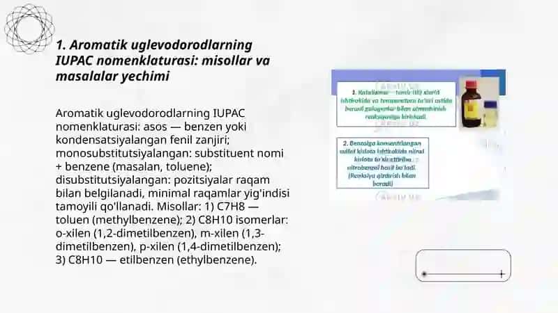 Aromatik uglevodorodlar nomenklaturasi olinishi fizik va kimyoviy xossalari ishlatilishiga oid masala va misollar yechiah 3