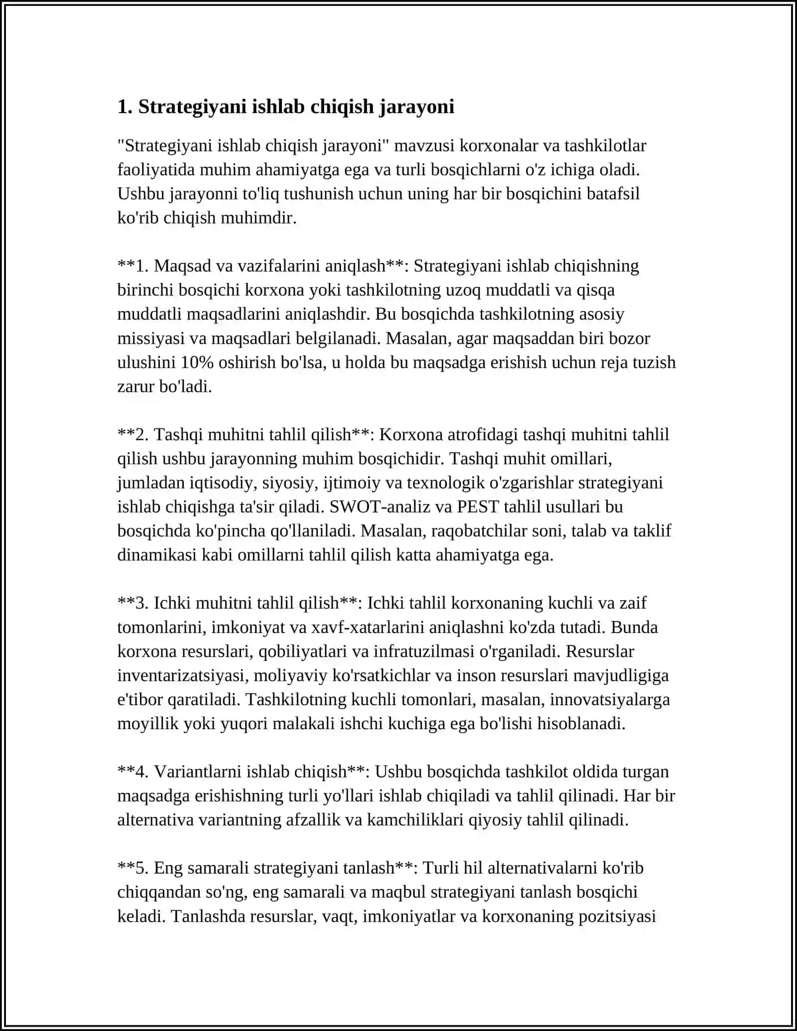 MUSTAQIL ISH Mavzu: KORXONADA STRATEGIYANI AMALGA OSHIRISH 3
