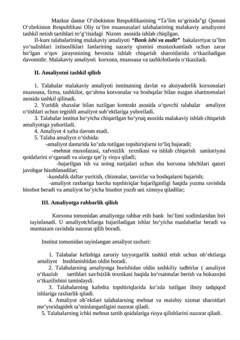Bank ishi va audit ta'lim yo‘nalishi malakaviy amaliyoti dasturi 3