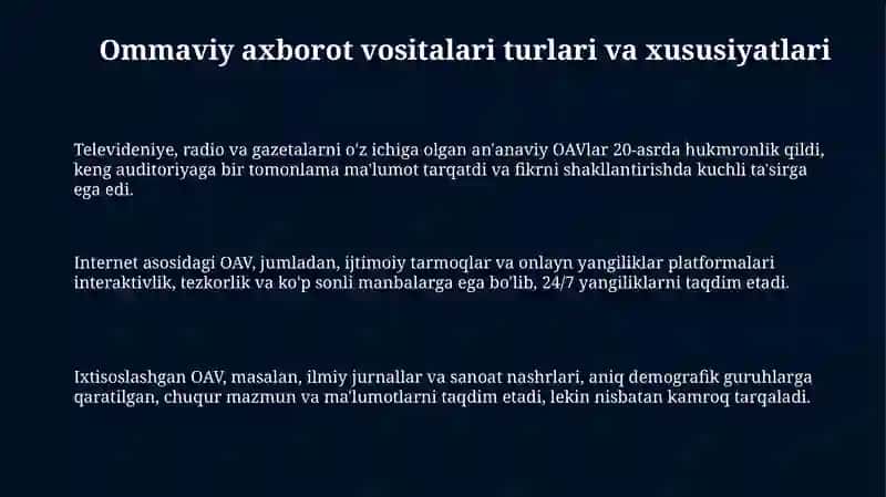 Maʼnaviy tarbiyada Oʼzbekiston Respublikasida Ommaviy axborot vositalari faoliyatining oʼrni 3