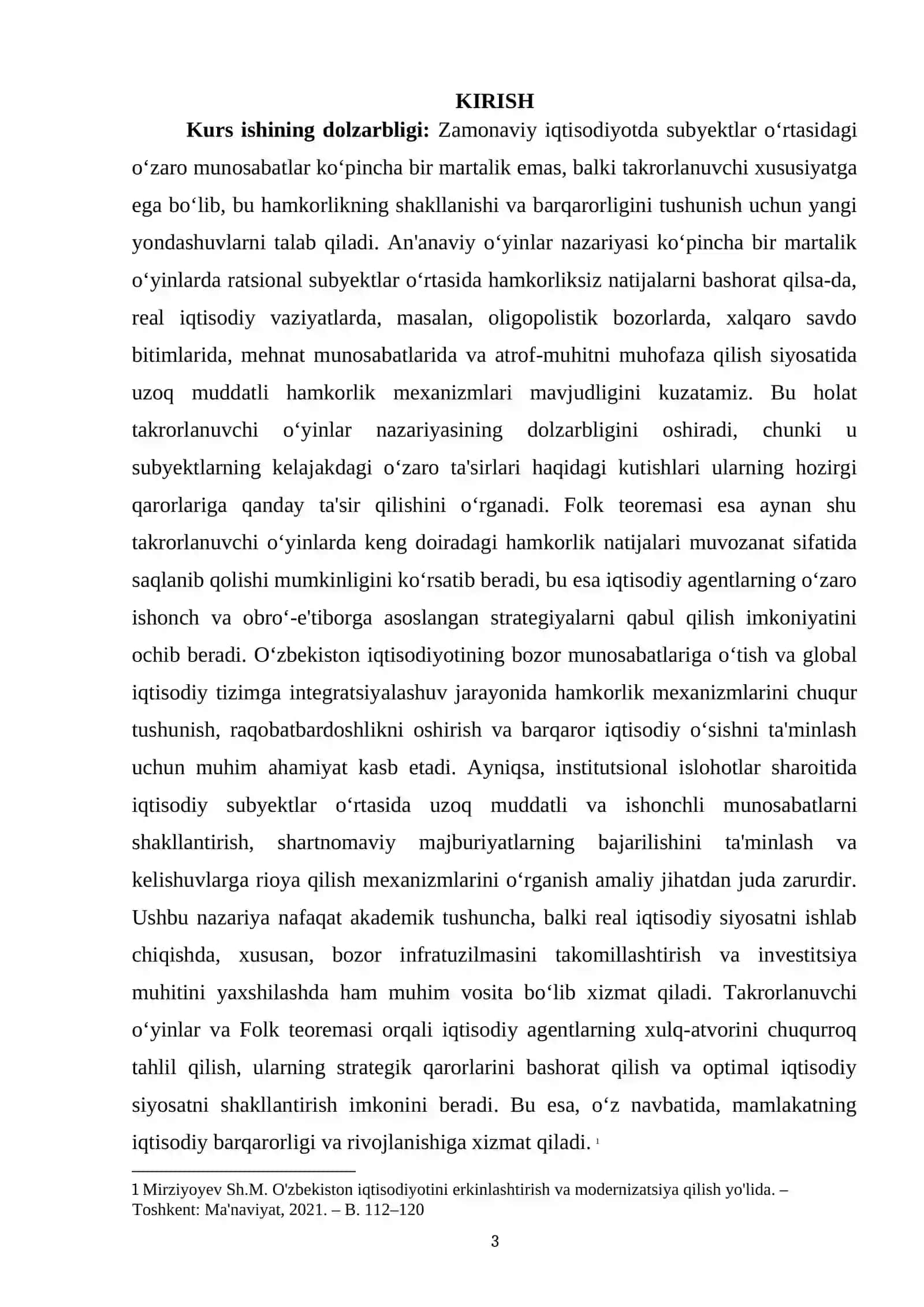 TAKRORLANUVCHI O‘YINLARDA HAMKORLIK VA FOLK TEOREMASI KURSI 3