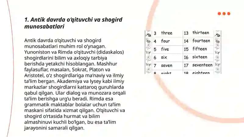 Eng qadimgi davrlardan XXI asrning boshigacha boʻlgan davrda oʻqituvchi-ustoz,shogird va ularning jamiyatdagi oʻrni, mahorati haqidagi pedagogik fikrlar 3