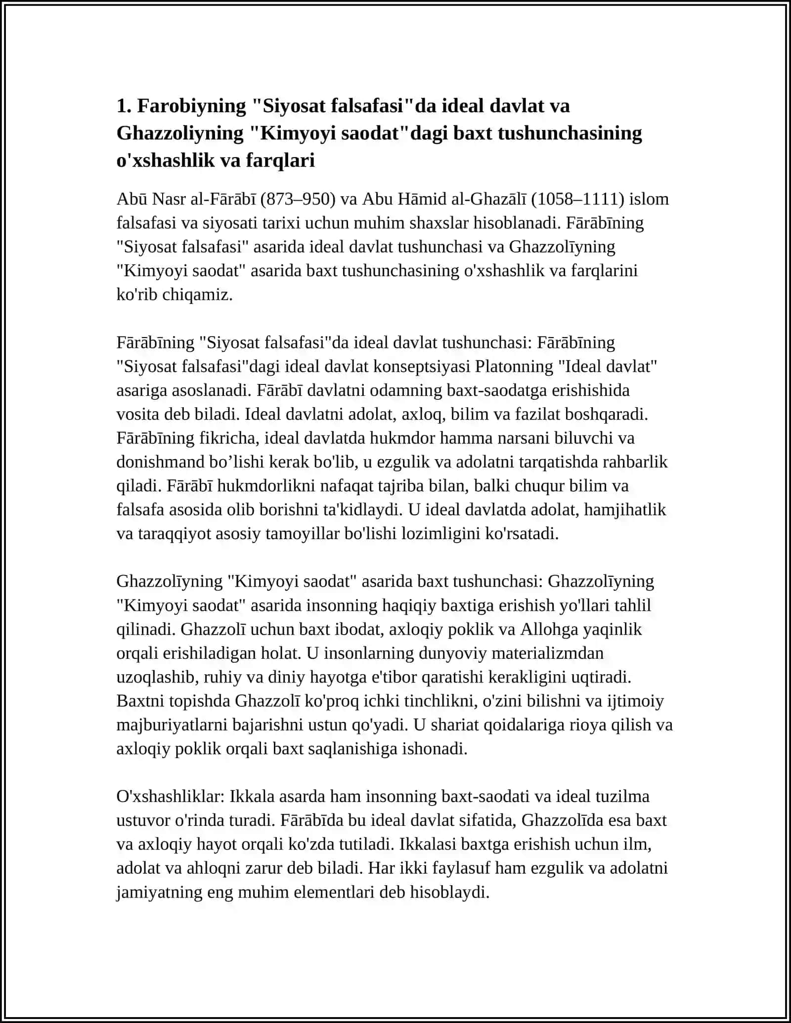 FAROBIYNING "SIYOSAT FALSAFASI" VA G'AZZOLIYNING "KIMYOYI SAODAT" ASARLARI 3